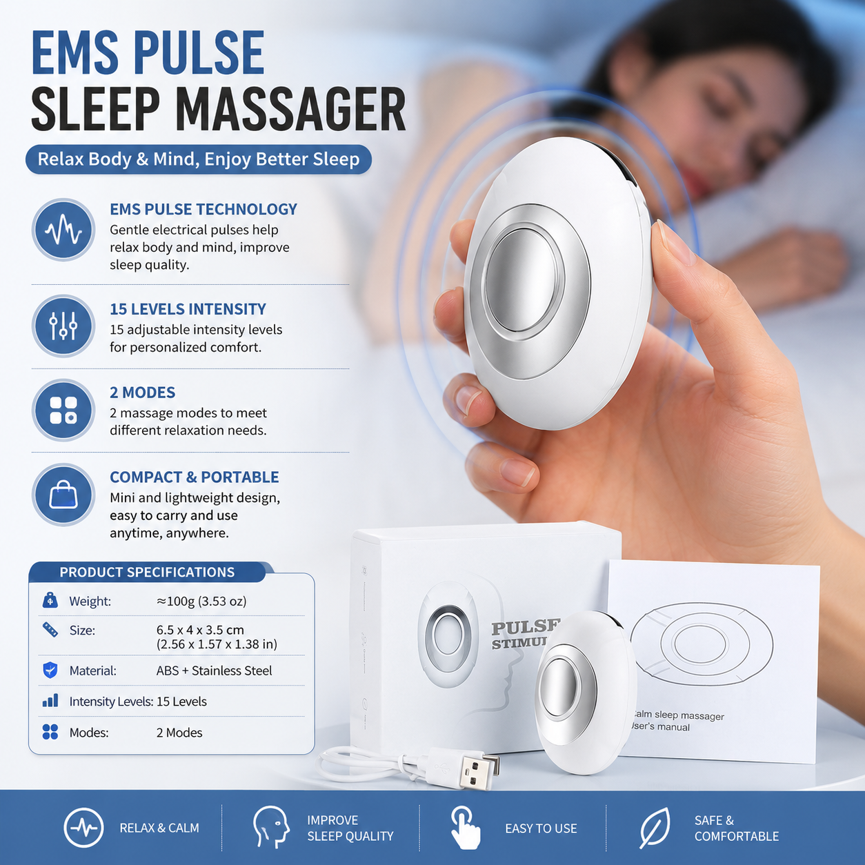 White Portable EMS Pulse Sleep Aid Device - 15 Adjustable Levels, Dual Mode Handheld Relaxation Tool for Stress Relief and Better Sleep Quality