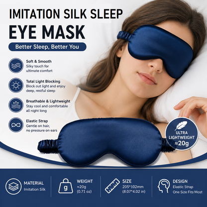 Blue Imitation Silk Sleep Eye Mask - Soft Breathable Light Blocking Design with Elastic Strap for Travel, Nap, and Night Sleep Comfort