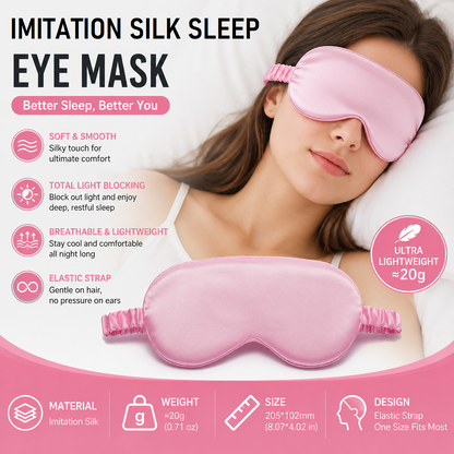 Pink Imitation Silk Sleep Eye Mask - Soft Breathable Light Blocking Design with Elastic Strap for Travel, Nap, and Night Sleep Comfort