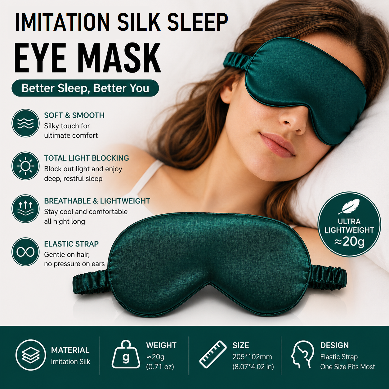 Green Imitation Silk Sleep Eye Mask - Soft Breathable Light Blocking Design with Elastic Strap for Travel, Nap, and Night Sleep Comfort