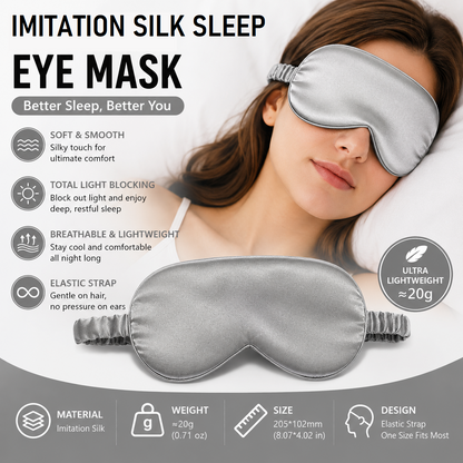 Grey Imitation Silk Sleep Eye Mask - Soft Breathable Light Blocking Design with Elastic Strap for Travel, Nap, and Night Sleep Comfort