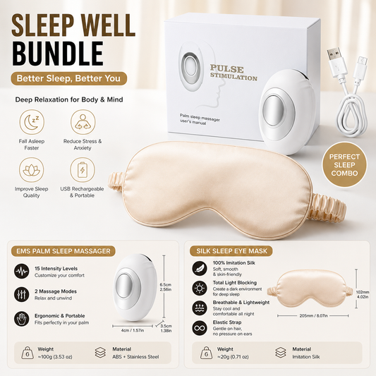 Winter Sleep Aid Bundle - White Handheld EMS Pulse Device with 15 Levels and Champagne gold Imitation Silk Eye Mask for Relaxation, Travel, and Night Rest