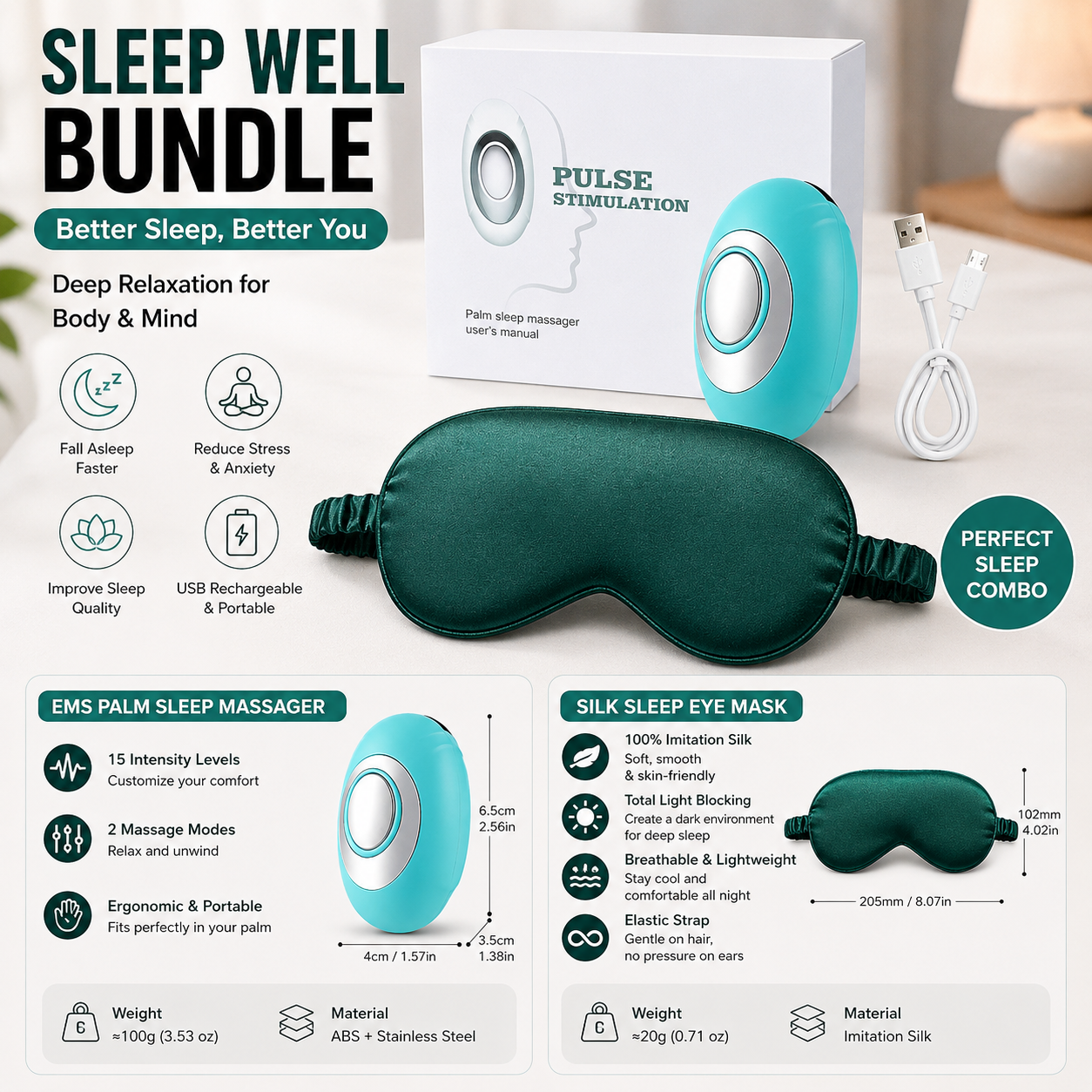Winter Sleep Aid Bundle - Green Handheld EMS Pulse Device with 15 Levels and Green Imitation Silk Eye Mask for Relaxation, Travel, and Night Rest