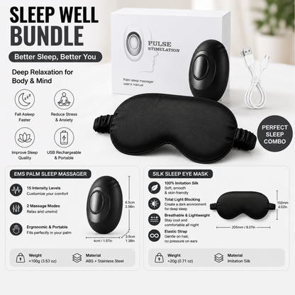 Winter Sleep Aid Bundle - Black Handheld EMS Pulse Device with 15 Levels and Black Imitation Silk Eye Mask for Relaxation, Travel, and Night Rest