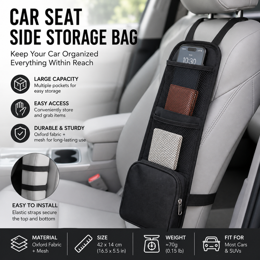 Black Universal Car Seat Side Storage Organizer - Oxford Cloth Mesh Hanging Bag with Zipper Pocket for Phone and Essentials, Slim Fit Auto Interior Tidy