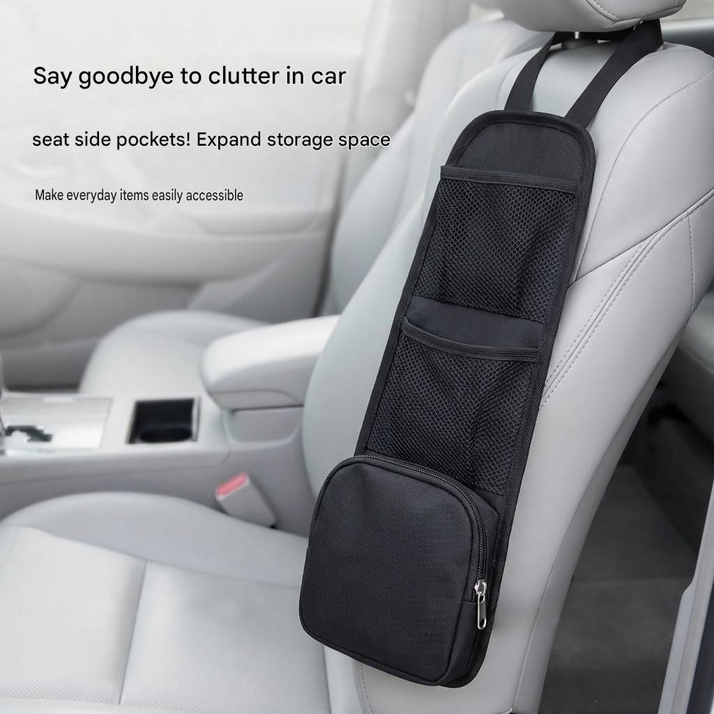 Black Universal Car Seat Side Storage Organizer - Oxford Cloth Mesh Hanging Bag with Zipper Pocket for Phone and Essentials, Slim Fit Auto Interior Tidy