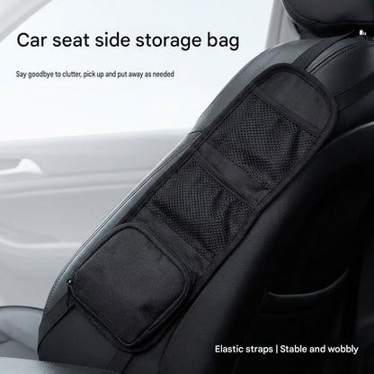 Black Universal Car Seat Side Storage Organizer - Oxford Cloth Mesh Hanging Bag with Zipper Pocket for Phone and Essentials, Slim Fit Auto Interior Tidy