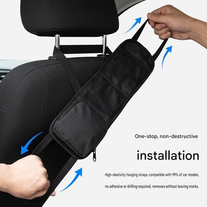 Black Universal Car Seat Side Storage Organizer - Oxford Cloth Mesh Hanging Bag with Zipper Pocket for Phone and Essentials, Slim Fit Auto Interior Tidy