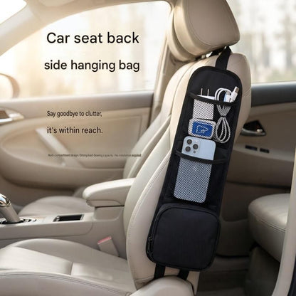 Black Universal Car Seat Side Storage Organizer - Oxford Cloth Mesh Hanging Bag with Zipper Pocket for Phone and Essentials, Slim Fit Auto Interior Tidy