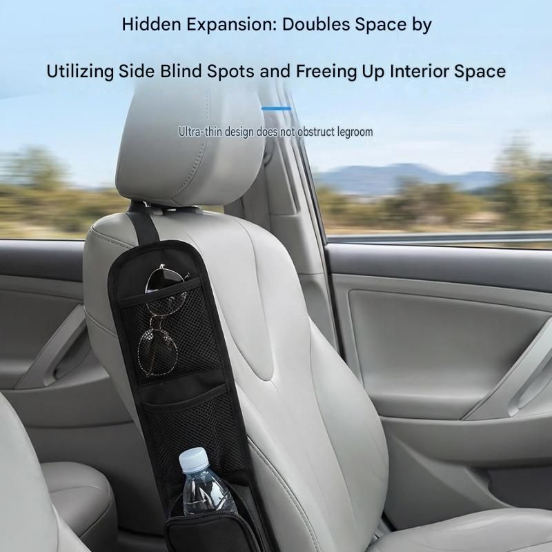 Black Universal Car Seat Side Storage Organizer - Oxford Cloth Mesh Hanging Bag with Zipper Pocket for Phone and Essentials, Slim Fit Auto Interior Tidy