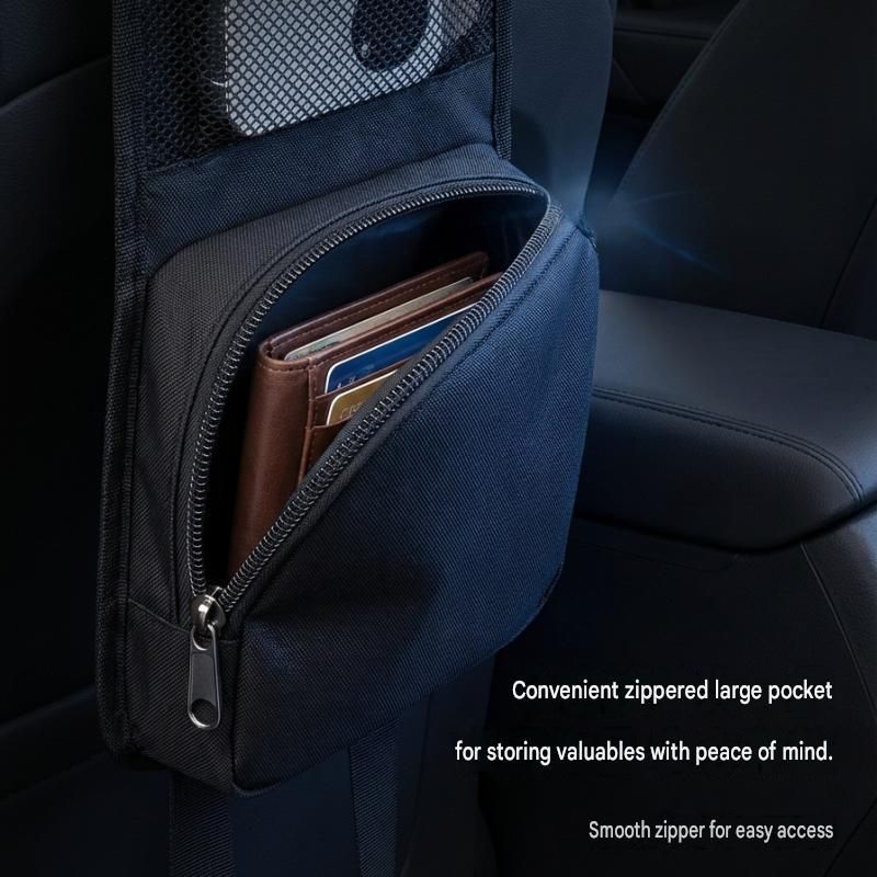 Black Universal Car Seat Side Storage Organizer - Oxford Cloth Mesh Hanging Bag with Zipper Pocket for Phone and Essentials, Slim Fit Auto Interior Tidy