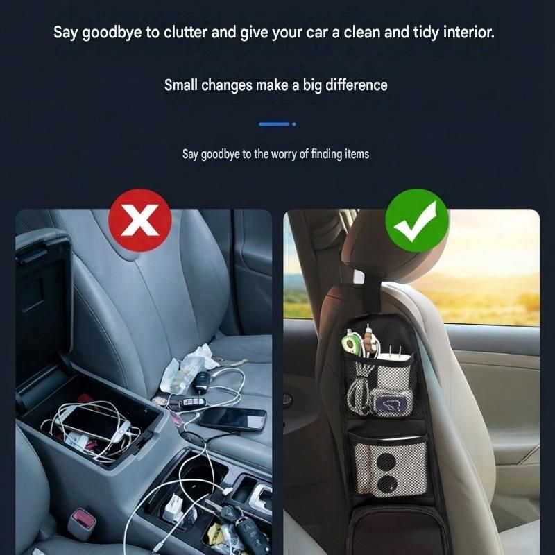 Black Universal Car Seat Side Storage Organizer - Oxford Cloth Mesh Hanging Bag with Zipper Pocket for Phone and Essentials, Slim Fit Auto Interior Tidy