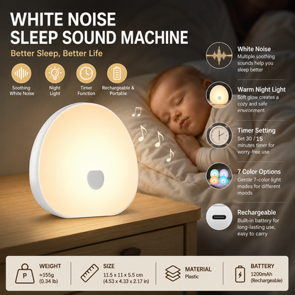 White Rechargeable White Noise Sleep Aid Night Light - 10 Soothing Nature Sounds, Dimmable RGB Mood Lighting, Timer Function for Baby Nursing and Adult Relaxation
