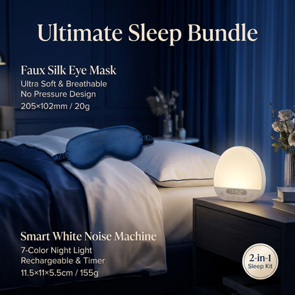 Nighttime Anxiety Relief & Relaxation Set - Blue Imitation Silk Sleep Eye Mask and  Smart White Noise Night Light for Soothing Sleep, Nursing, and Stress Reduction