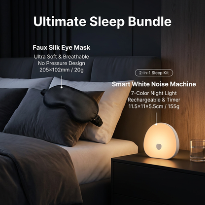 Nighttime Anxiety Relief & Relaxation Set - Black Imitation Silk Sleep Eye Mask and  Smart White Noise Night Light for Soothing Sleep, Nursing, and Stress Reduction