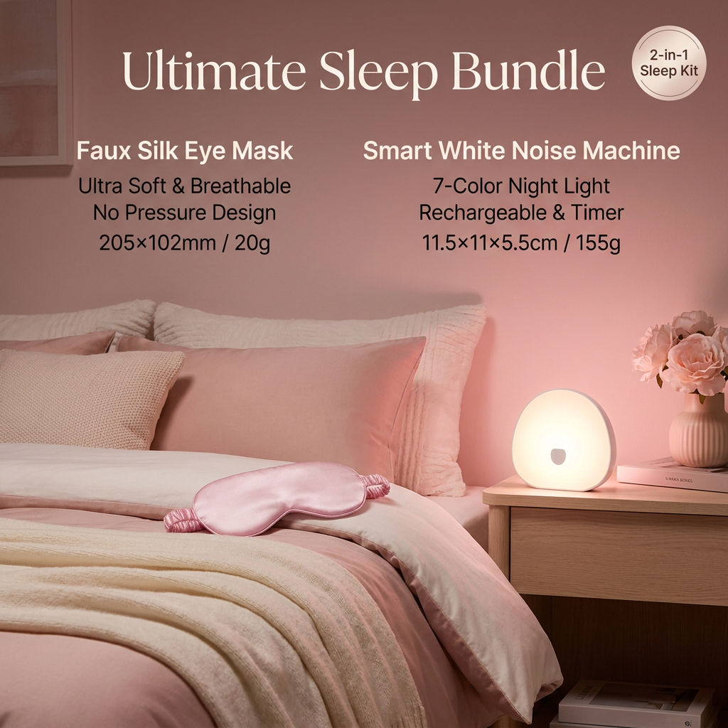 Nighttime Anxiety Relief & Relaxation Set - Pink Imitation Silk Sleep Eye Mask and  Smart White Noise Night Light for Soothing Sleep, Nursing, and Stress Reduction
