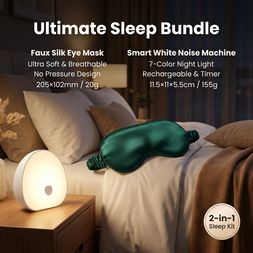 Nighttime Anxiety Relief & Relaxation Set - Green Imitation Silk Sleep Eye Mask and  Smart White Noise Night Light for Soothing Sleep, Nursing, and Stress Reduction