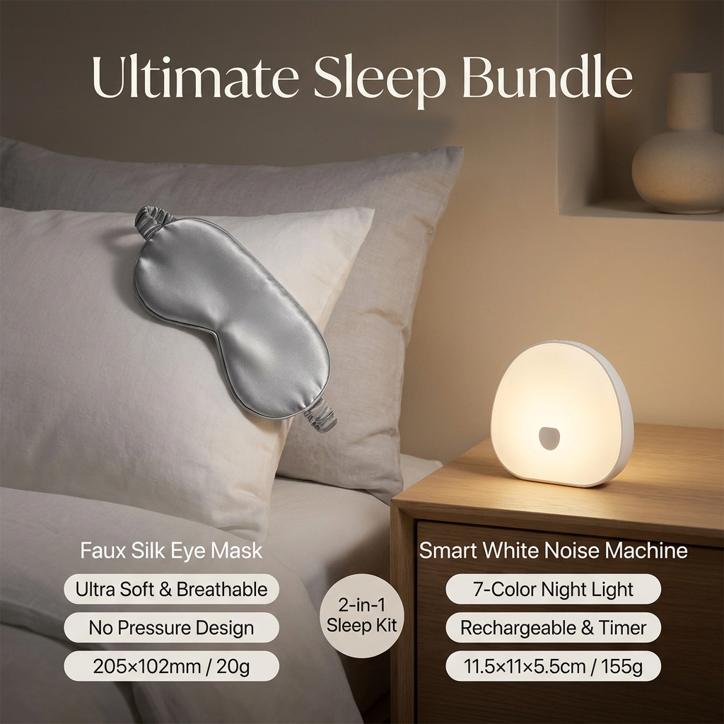 Nighttime Anxiety Relief & Relaxation Set - Grey Imitation Silk Sleep Eye Mask and  Smart White Noise Night Light for Soothing Sleep, Nursing, and Stress Reduction