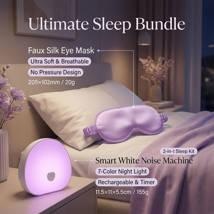 Nighttime Anxiety Relief & Relaxation Set - Purple Imitation Silk Sleep Eye Mask and  Smart White Noise Night Light for Soothing Sleep, Nursing, and Stress Reduction