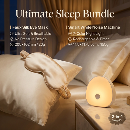 Nighttime Anxiety Relief & Relaxation Set - Champagne gold Imitation Silk Sleep Eye Mask and  Smart White Noise Night Light for Soothing Sleep, Nursing, and Stress Reduction