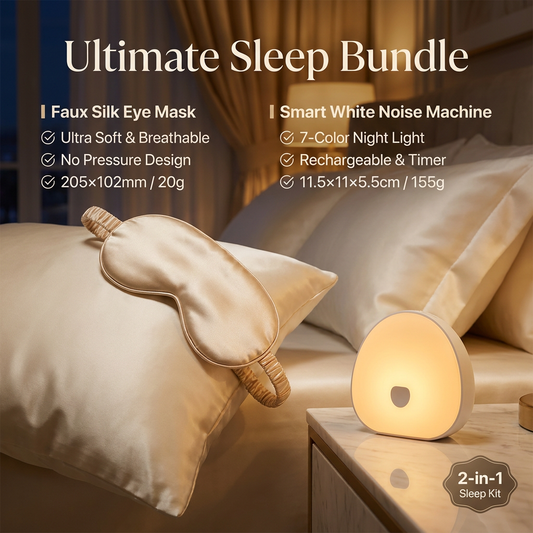 Nighttime Anxiety Relief & Relaxation Set - Champagne gold Imitation Silk Sleep Eye Mask and  Smart White Noise Night Light for Soothing Sleep, Nursing, and Stress Reduction
