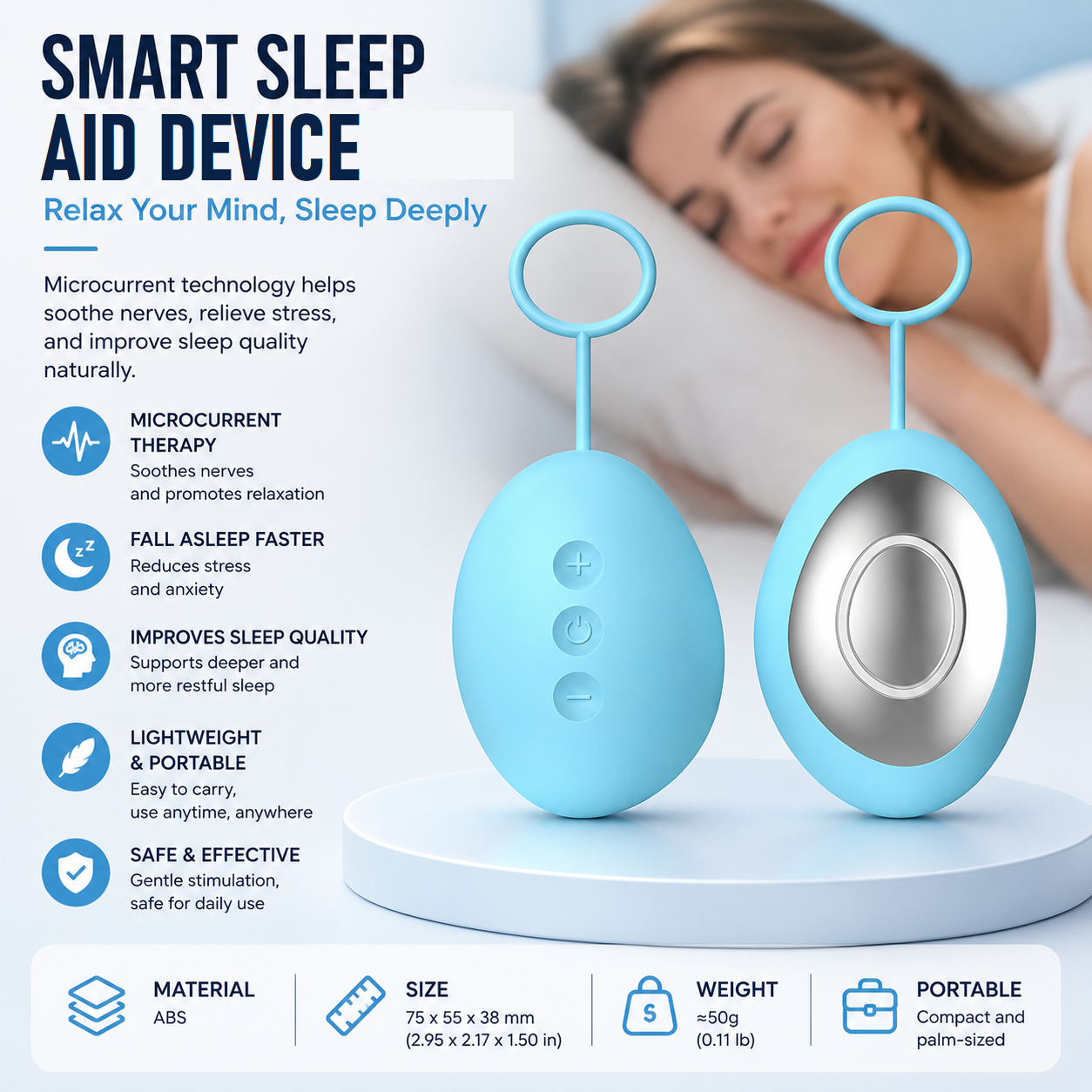 Blue Portable Handheld Sleep Aid Device - CES Microcurrent Relaxation Tool with 5 Intensity Levels, USB-C Rechargeable ABS Shell for Stress Relief and Bedtime Routine