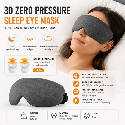 Grey 3D Contoured Sleep Mask with Integrated Earplugs - Zero Pressure Eye Cover, Light Blocking, Noise Reduction, Breathable Milk Silk for Travel and Nap