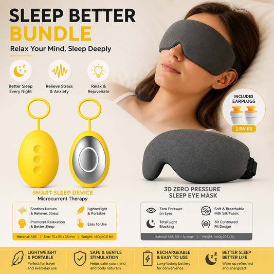 Sleep Aid Combo Set - Yellow Portable Microcurrent Handheld Device and Grey 3D Zero Pressure Eye Mask with Earplugs, USB Rechargeable  Relaxation Tool for Travel and Home Use