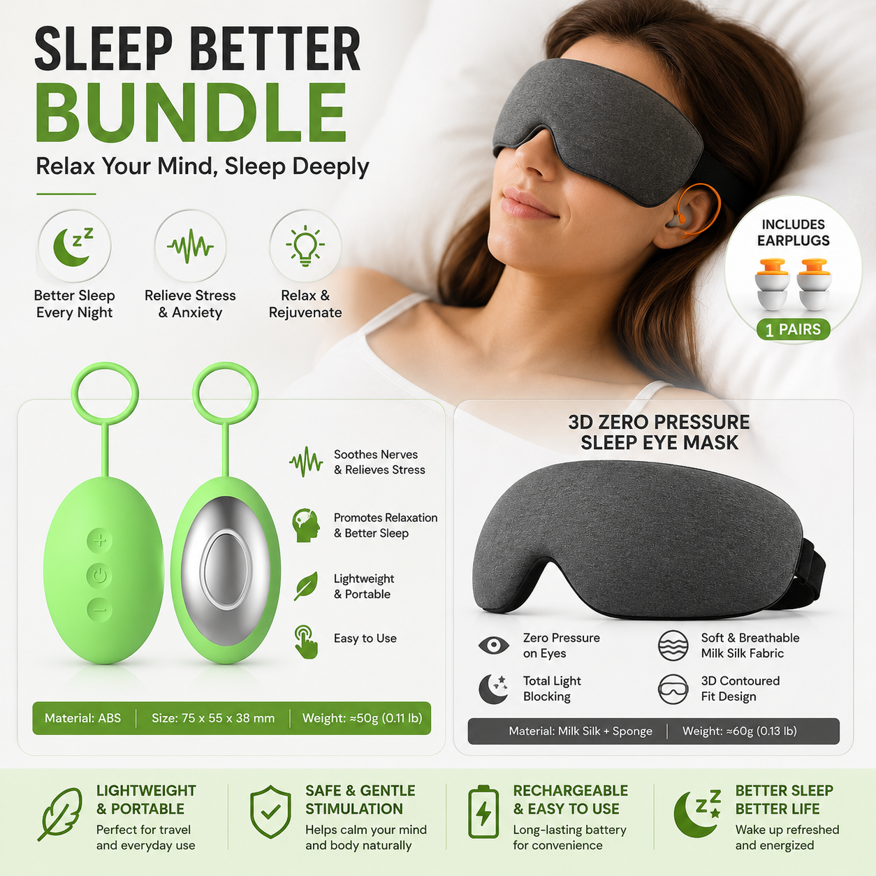 Sleep Aid Combo Set - Green Portable Microcurrent Handheld Device and Grey 3D Zero Pressure Eye Mask with Earplugs, USB Rechargeable  Relaxation Tool for Travel and Home Use