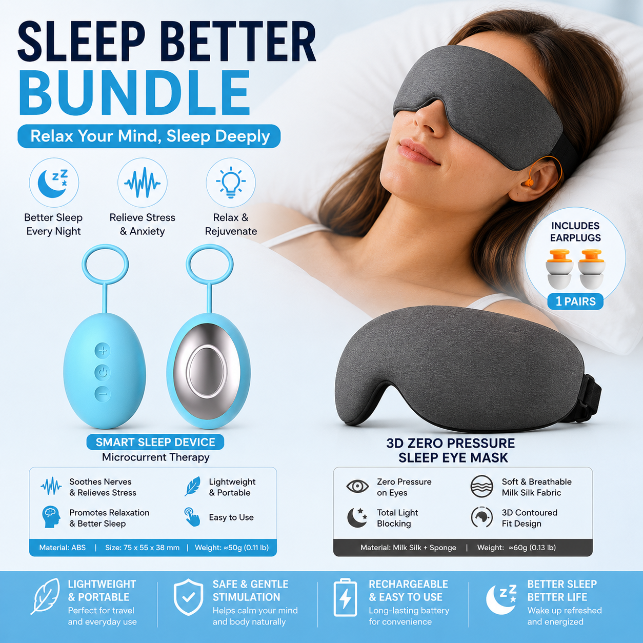 Sleep Aid Combo Set - Blue Portable Microcurrent Handheld Device and Grey 3D Zero Pressure Eye Mask with Earplugs, USB Rechargeable  Relaxation Tool for Travel and Home Use