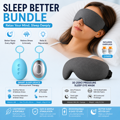 Sleep Aid Combo Set - Blue Portable Microcurrent Handheld Device and Grey 3D Zero Pressure Eye Mask with Earplugs, USB Rechargeable  Relaxation Tool for Travel and Home Use