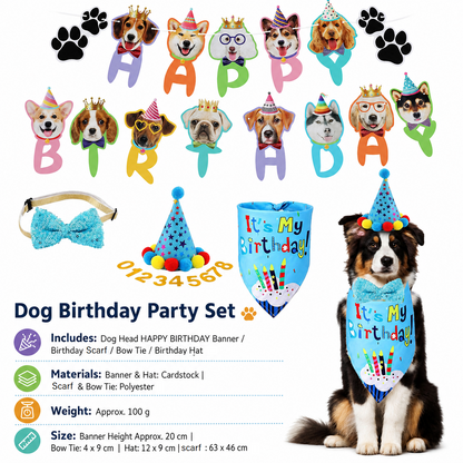 Blue Dog Birthday Party Decoration Set - Puppy Themed Banner, Adjustable Party Hat, Sequin Bow Tie and Bandana Scarf for Pet Celebration