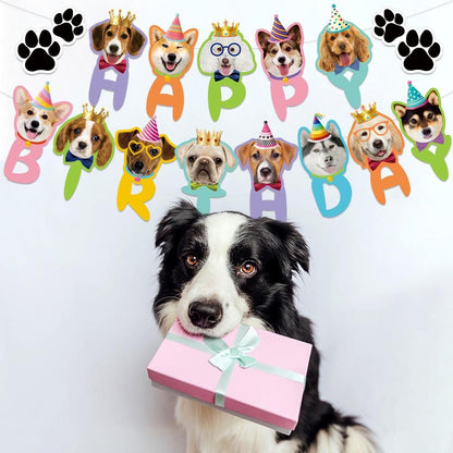 Blue Dog Birthday Party Decoration Set - Puppy Themed Banner, Adjustable Party Hat, Sequin Bow Tie and Bandana Scarf for Pet Celebration