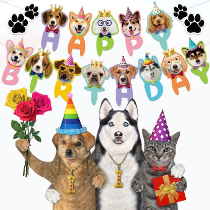 Blue Dog Birthday Party Decoration Set - Puppy Themed Banner, Adjustable Party Hat, Sequin Bow Tie and Bandana Scarf for Pet Celebration