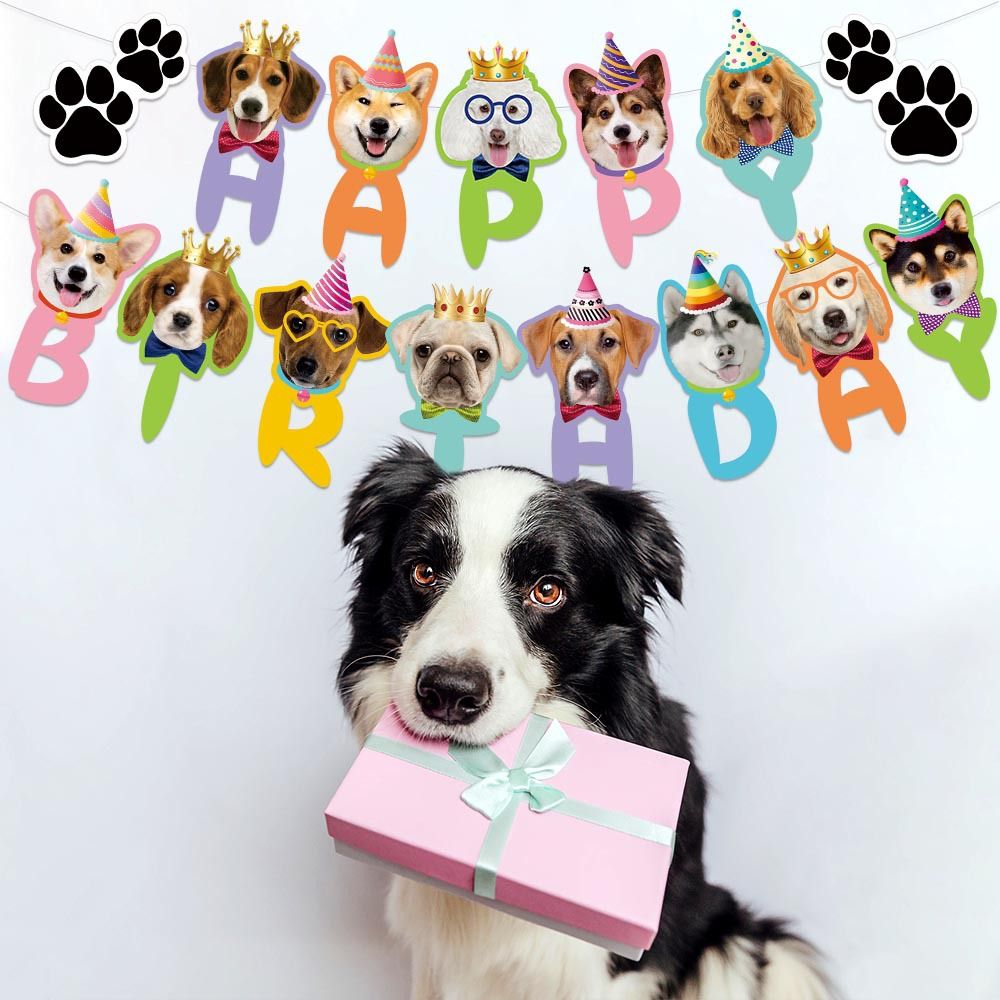 Pink Dog Birthday Party Decoration Set - Puppy Themed Banner, Adjustable Party Hat, Sequin Bow Tie and Bandana Scarf for Pet Celebration