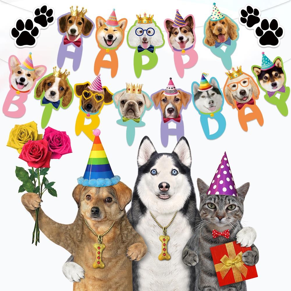 Pink Dog Birthday Party Decoration Set - Puppy Themed Banner, Adjustable Party Hat, Sequin Bow Tie and Bandana Scarf for Pet Celebration