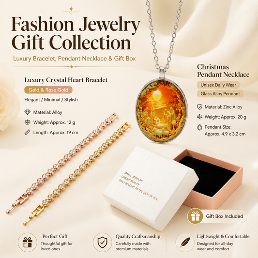 3 pieces Exquisite jewelry gift set -2piece Rhinestone Heart Link Bracelet Gold and rose gold and Nativity Scene Glass Pendant Necklace Set - Alloy and Zinc Alloy Construction, 19cm Bracelet with Sparkling Crystals, Oval Religious Pendant on Chain, Christ