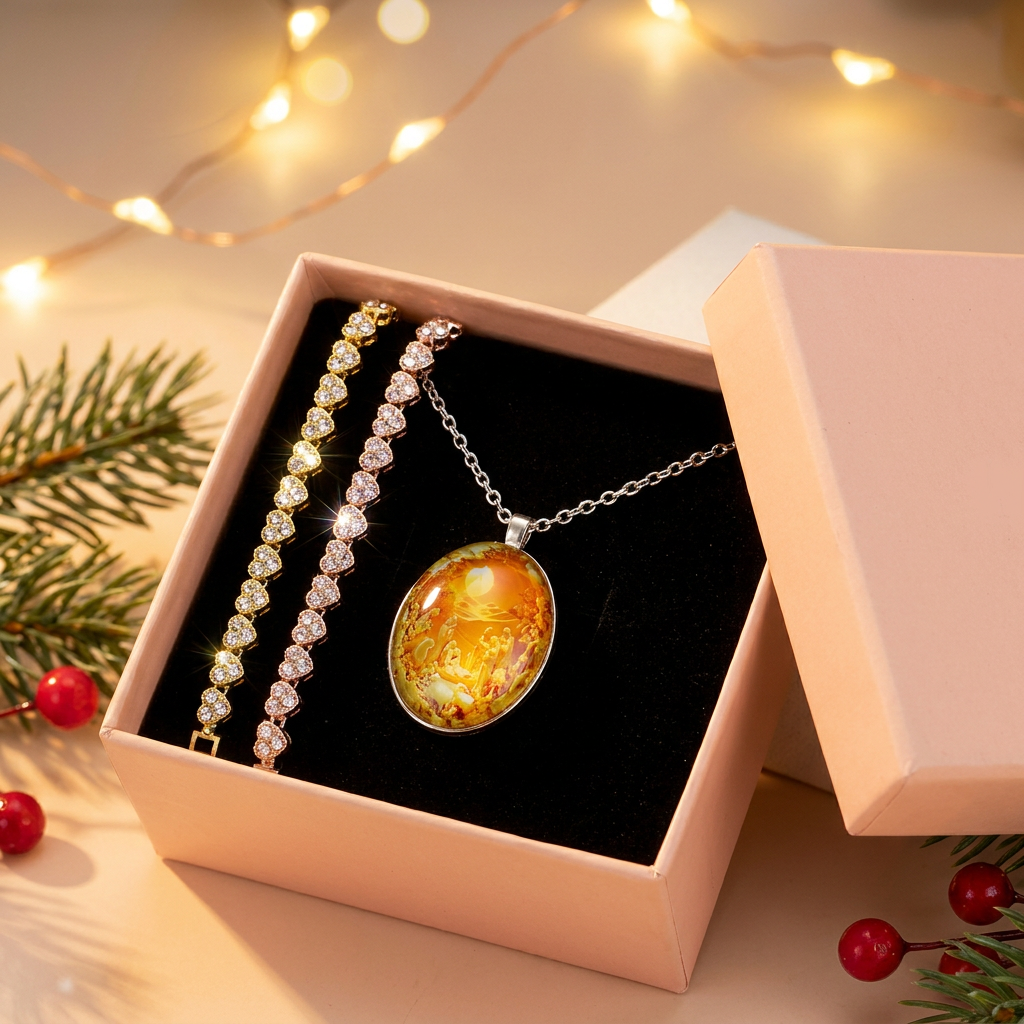 3 pieces Exquisite jewelry gift set -2piece Rhinestone Heart Link Bracelet Gold and rose gold and Nativity Scene Glass Pendant Necklace Set - Alloy and Zinc Alloy Construction, 19cm Bracelet with Sparkling Crystals, Oval Religious Pendant on Chain, Christ