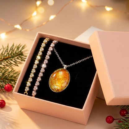 3 pieces Exquisite jewelry gift set -2piece Rhinestone Heart Link Bracelet Gold and rose gold and Nativity Scene Glass Pendant Necklace Set - Alloy and Zinc Alloy Construction, 19cm Bracelet with Sparkling Crystals, Oval Religious Pendant on Chain, Christ