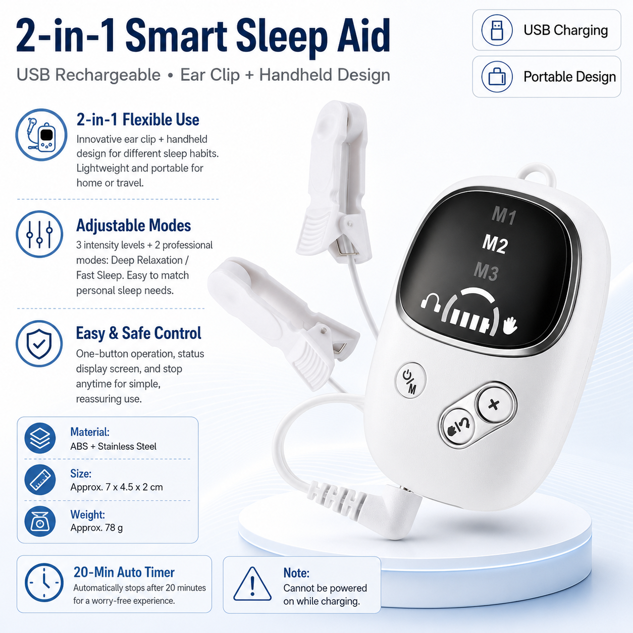 White Handheld CES Sleep Aid Device with Ear Clip - Dual Mode Microcurrent Relaxation, 3 Intensity Levels, USB Rechargeable, Portable Insomnia Relief for Home and Travel