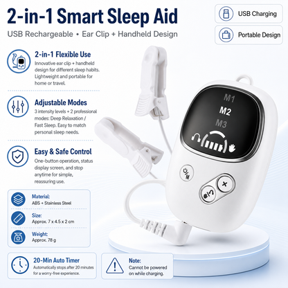 White Handheld CES Sleep Aid Device with Ear Clip - Dual Mode Microcurrent Relaxation, 3 Intensity Levels, USB Rechargeable, Portable Insomnia Relief for Home and Travel