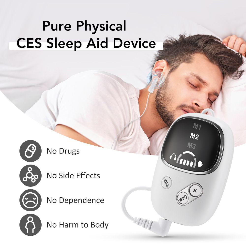 White Handheld CES Sleep Aid Device with Ear Clip - Dual Mode Microcurrent Relaxation, 3 Intensity Levels, USB Rechargeable, Portable Insomnia Relief for Home and Travel