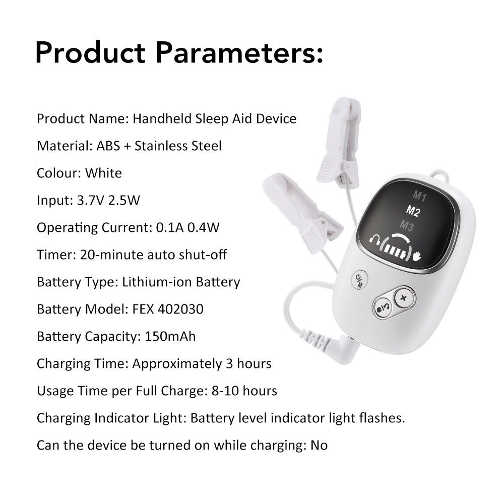 White Handheld CES Sleep Aid Device with Ear Clip - Dual Mode Microcurrent Relaxation, 3 Intensity Levels, USB Rechargeable, Portable Insomnia Relief for Home and Travel