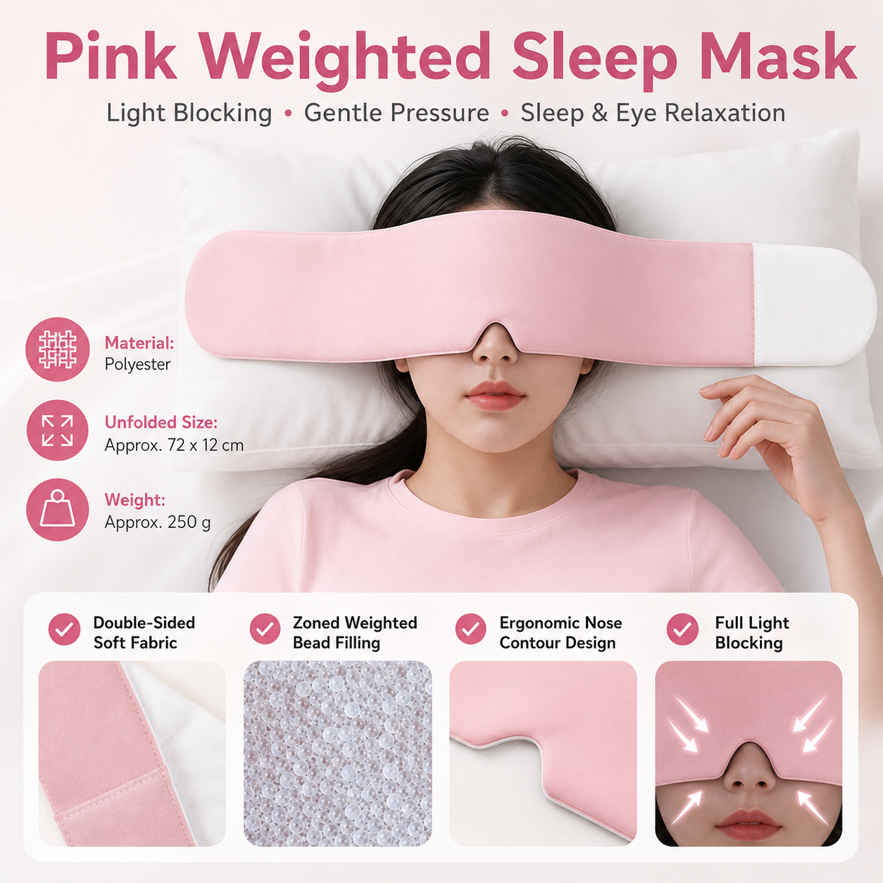 Pink Weighted Sleep Mask - Double-Sided Cooling and Warm Fabric, Micro-Bead Pressure Design, 72cm Adjustable Wrap, Light Blocking Eye Cover for Travel and Home Use