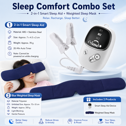 Home and Travel Sleep Aid Bundle - White Dual Mode CES Microcurrent Sleep Aid  Device and Blue Gravity Eye Mask, USB Rechargeable Handheld and Ear Clip Unit, 72cm Light Blocking Polyester Cover for Deep Rest and Travel