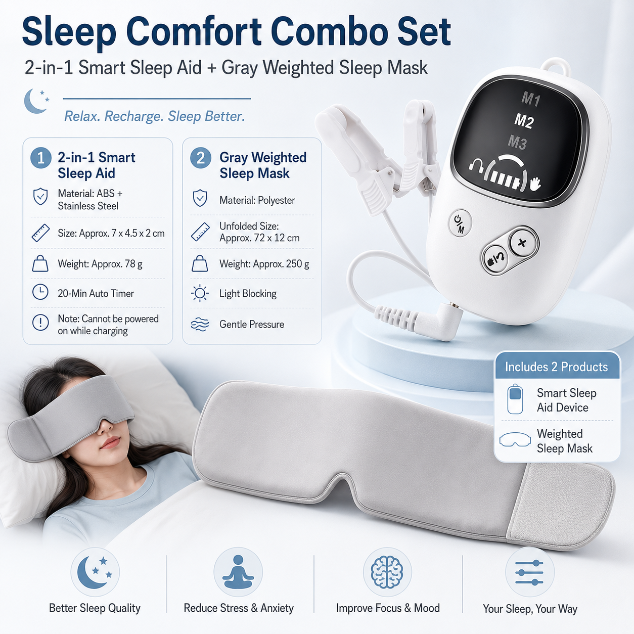Home and Travel Sleep Aid Bundle - White Dual Mode CES Microcurrent Sleep Aid  Device and Grey Gravity Eye Mask, USB Rechargeable Handheld and Ear Clip Unit, 72cm Light Blocking Polyester Cover for Deep Rest and Travel