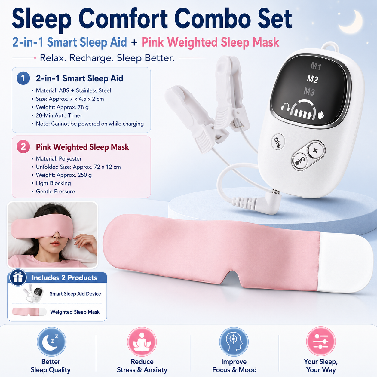 Home and Travel Sleep Aid Bundle - White Dual Mode CES Microcurrent Sleep Aid  Device and Pink Gravity Eye Mask, USB Rechargeable Handheld and Ear Clip Unit, 72cm Light Blocking Polyester Cover for Deep Rest and Travel