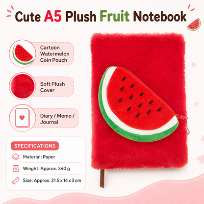 A5 Plush Fruit Notebook  with detachable watermelon-shaped coin purse â€” features a soft plush cover and 80 lined pages; a cute design perfect for school use or journaling
