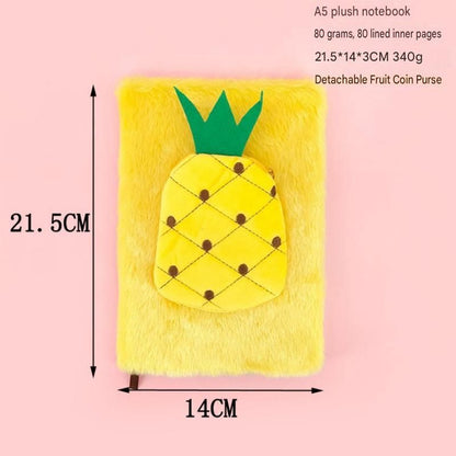 A5 Plush Fruit Notebook  with detachable watermelon-shaped coin purse â€” features a soft plush cover and 80 lined pages; a cute design perfect for school use or journaling