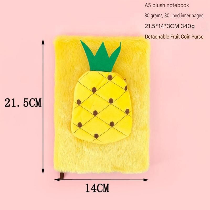 A5 Plush Fruit Notebook  with detachable Strawberrie-shaped coin purse â€” features a soft plush cover and 80 lined pages; a cute design perfect for school use or journaling